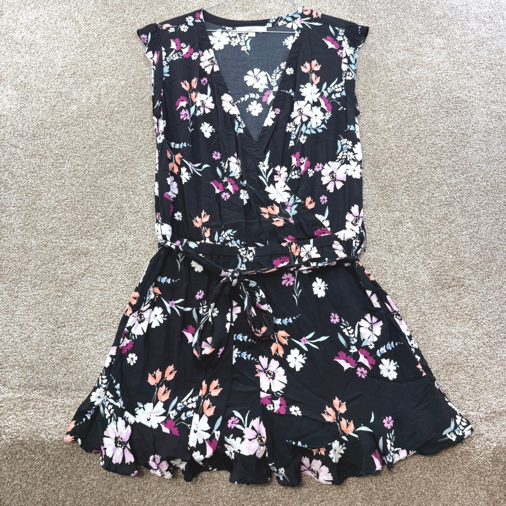 LOFT Womens Floral Surplice Ruffle Romper Black Pink L Sleeveless Jumpsuit Boho